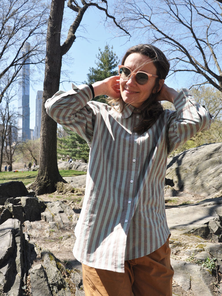 Front of Bea Shirt in Pistachio Stripes