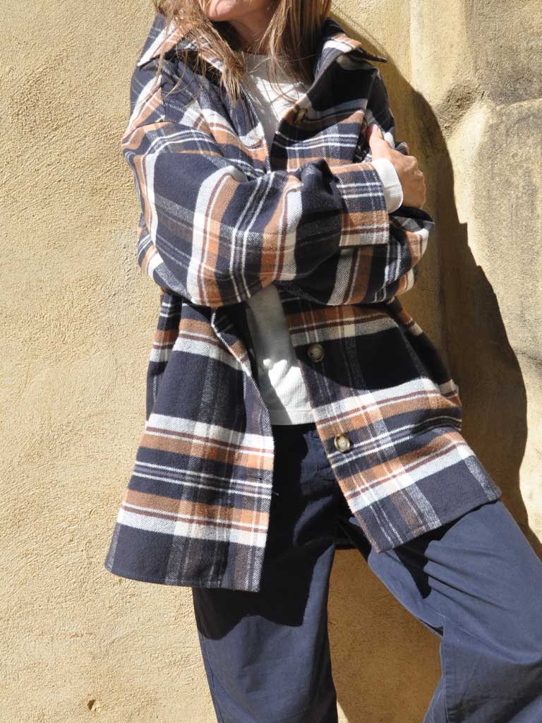 Checked Oversized Cotton Jacket in brown and blue – DOLORES