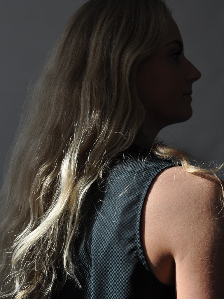 Shoulder Closeup of Aia Top in Black and Green
