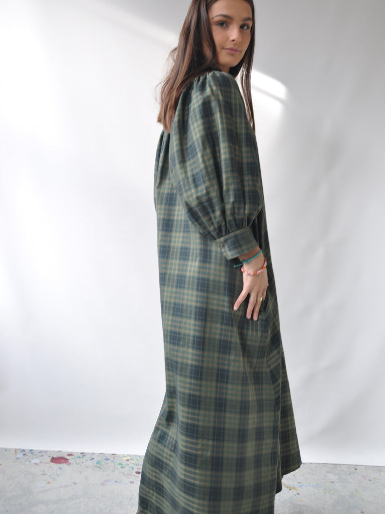 Back of Arona dress in green check