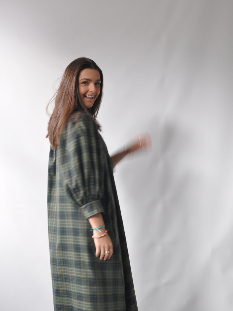Back of Arona dress in green check
