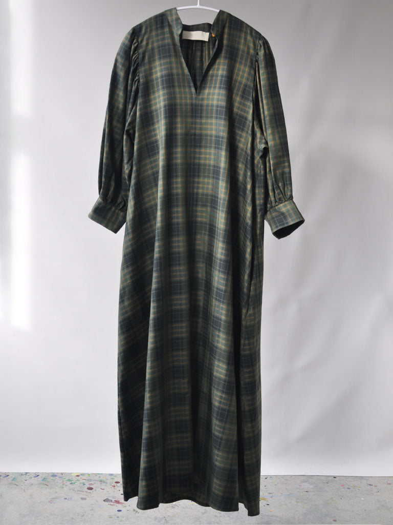 Arona Check Dress with Voluminous Sleeves in Green