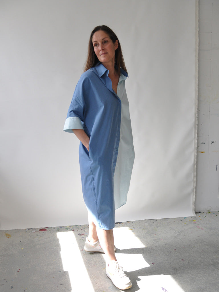 Front of Asso Shirt Dress in Blue Colourblock