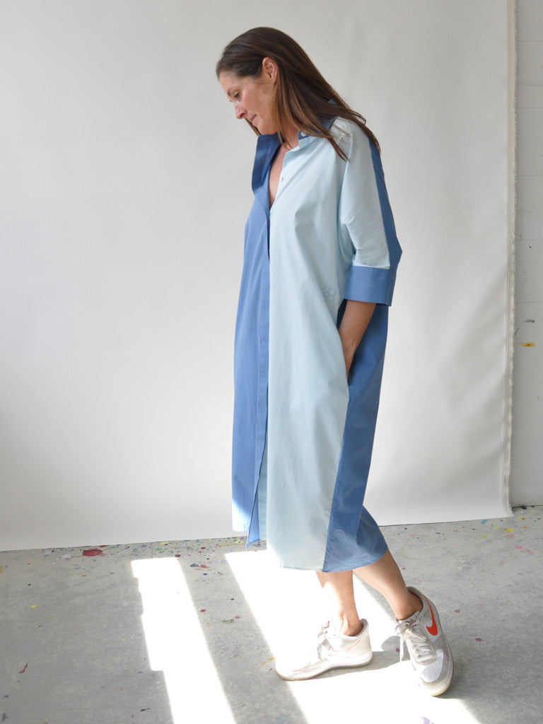 Side of Asso Shirt Dress in Blue Colourblock