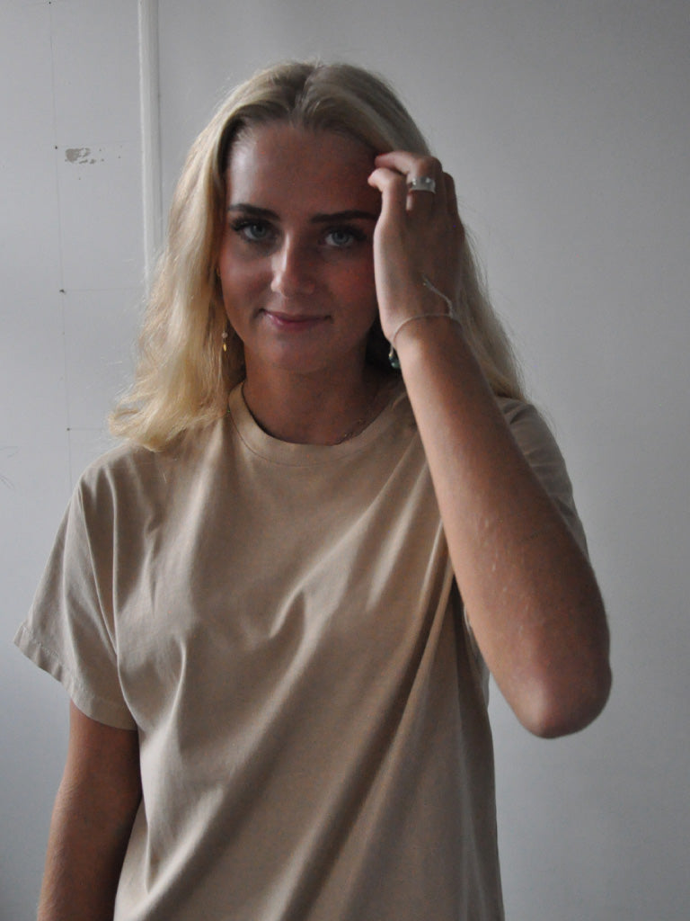 Front of Avio Tee in Soft Beige