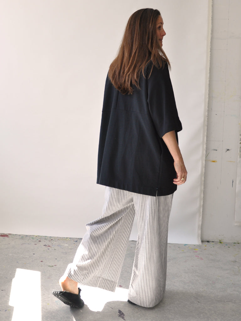 Back of Elisa pants in grey stripes