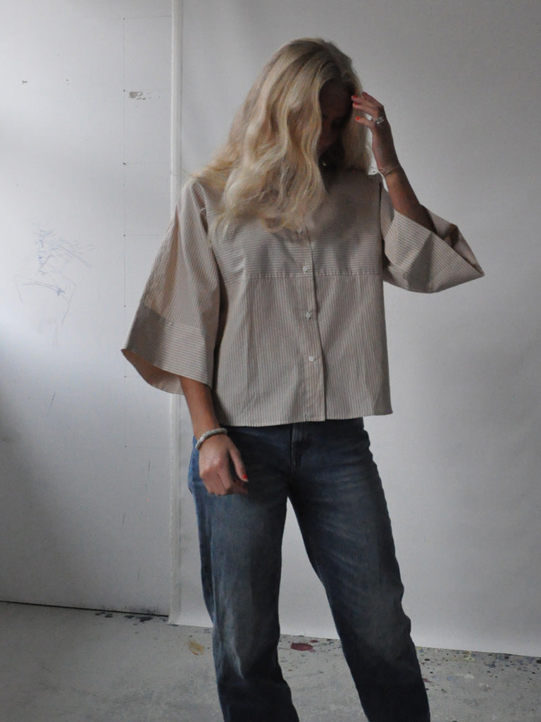 Front of Emma Shirt in Beige Stripes