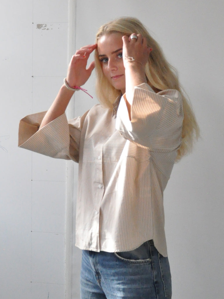 Front of Emma Shirt in Beige Stripes