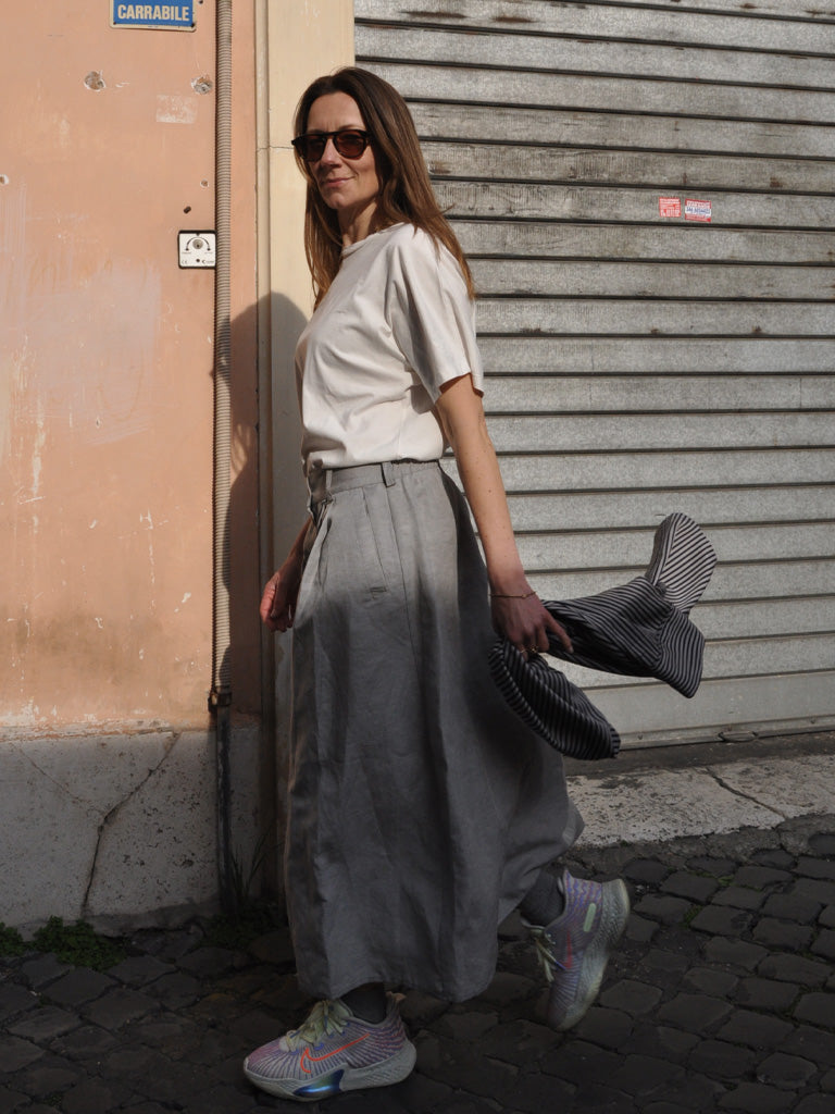 Front of Etna A-Line Linen Skirt in Grey