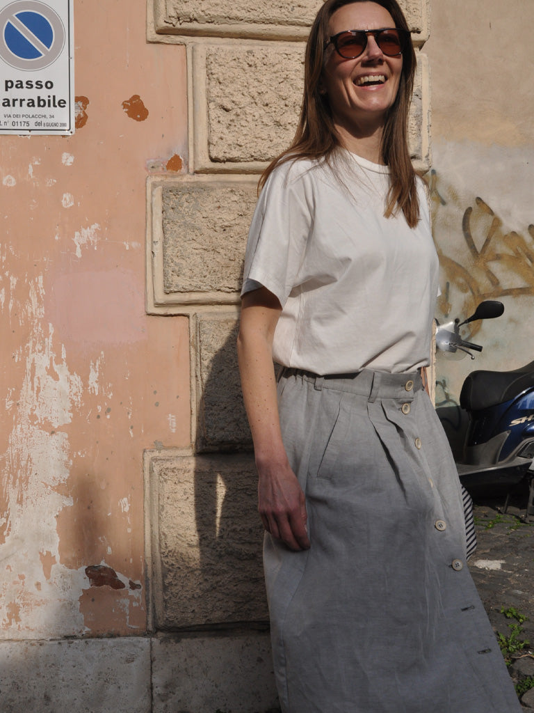 Front of Etna A-Line Linen Skirt in Grey