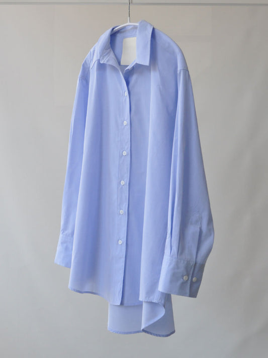Front of Bea Shirt in Blue on a hanger