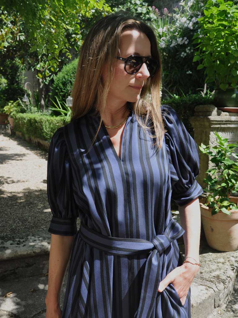 ARONA blue stripe puff sleeve dress