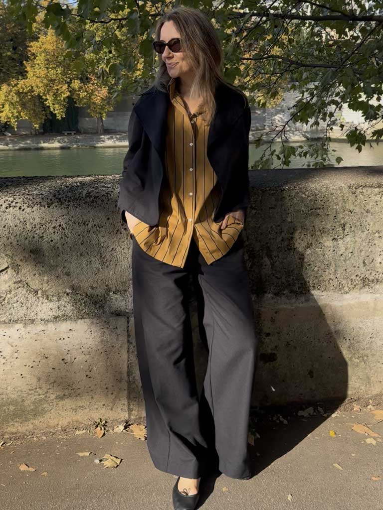 Classic black bouclé trousers with wide straight legs and elastic back waistband – SARA BOUCLÉ PANTS