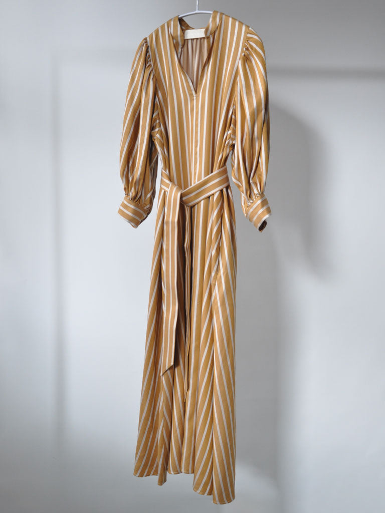 Front of Arona Dress in Ochre Stripes on a hanger