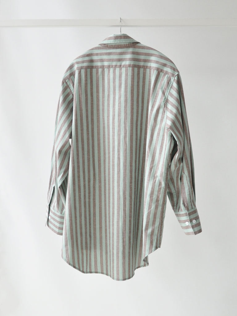 Back of Bea Shirt in Pistachio Stripes on a hanger