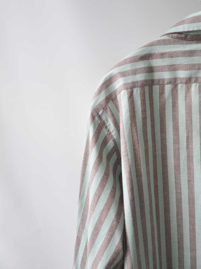 Back Shoulder Closeup of Bea Shirt in Pistachio Stripes