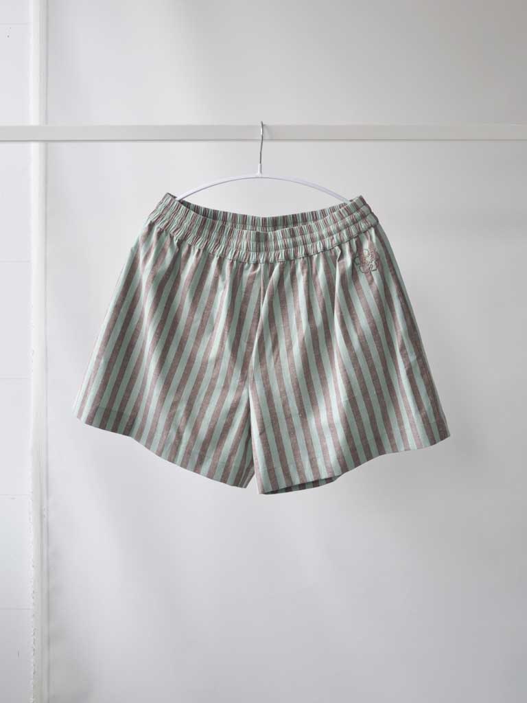 Front of Belize Boxers in Pistachio Stripes on a hanger