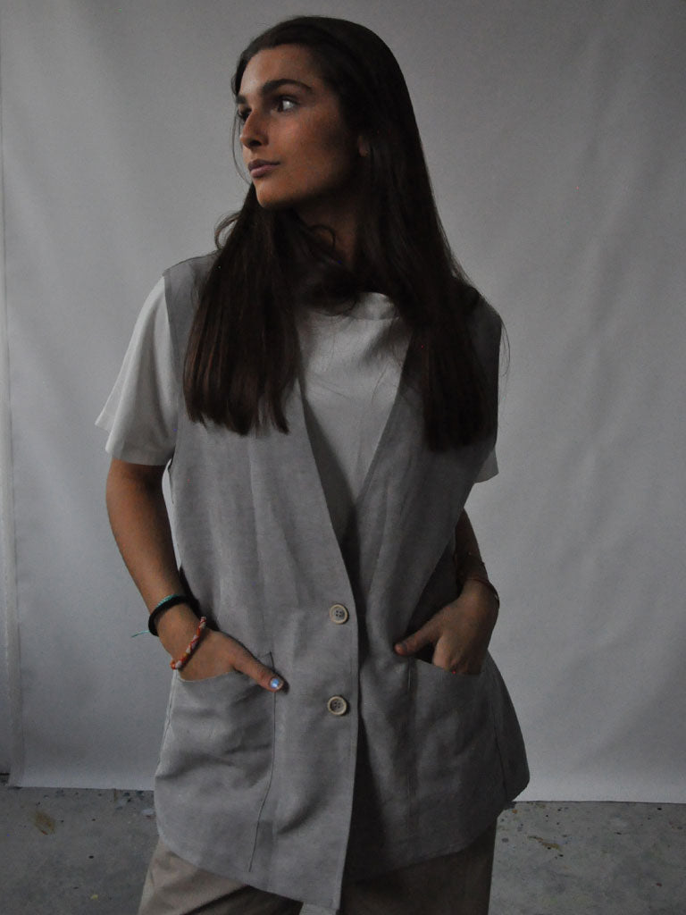 Front of Etna Linen Vest in Grey