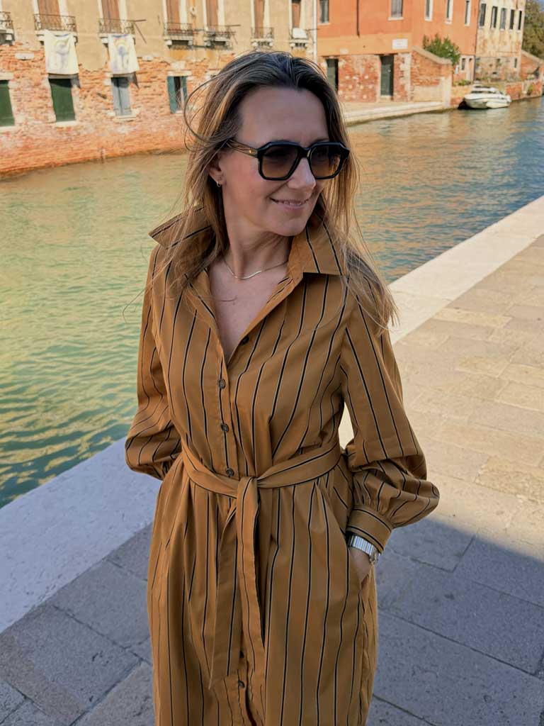 MANHATTAN STRIPE DRESS OCHRE