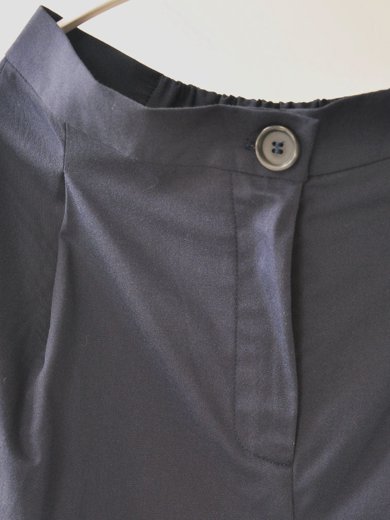 Front Button and Pleat Closeup of Studio Pleats Pants in Navy