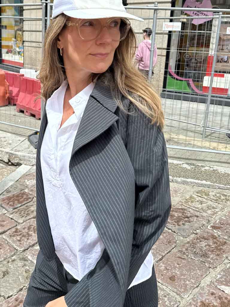 Short Grey-Green Pinstripe Jacket - TORRO PINSTRIPE JACKET