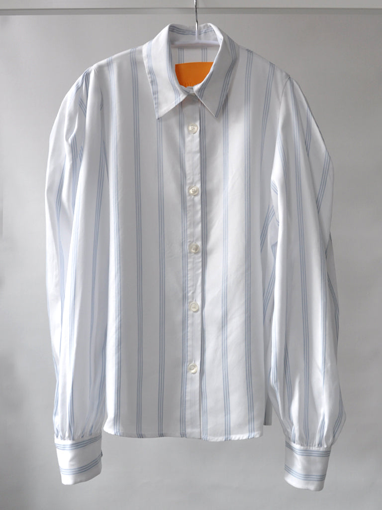 Front of Adora tencel shirt in blue stripes