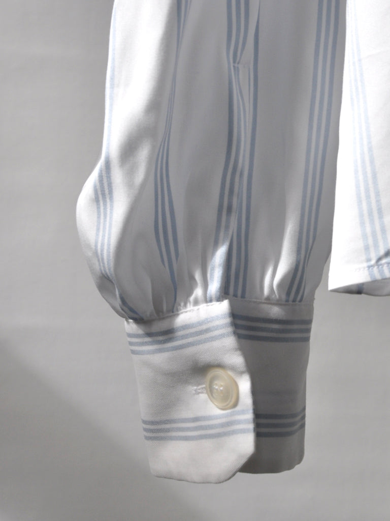 Sleeve closeup of Adora tencel shirt in blue stripes