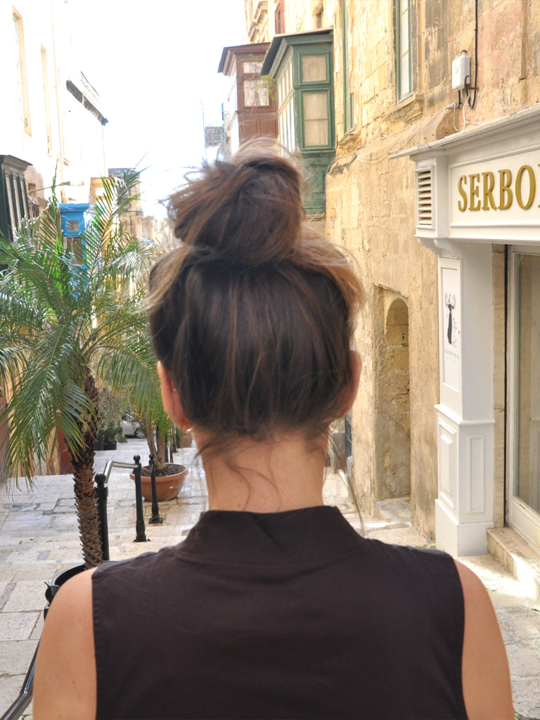 Back of Alanis top in chocolate brown