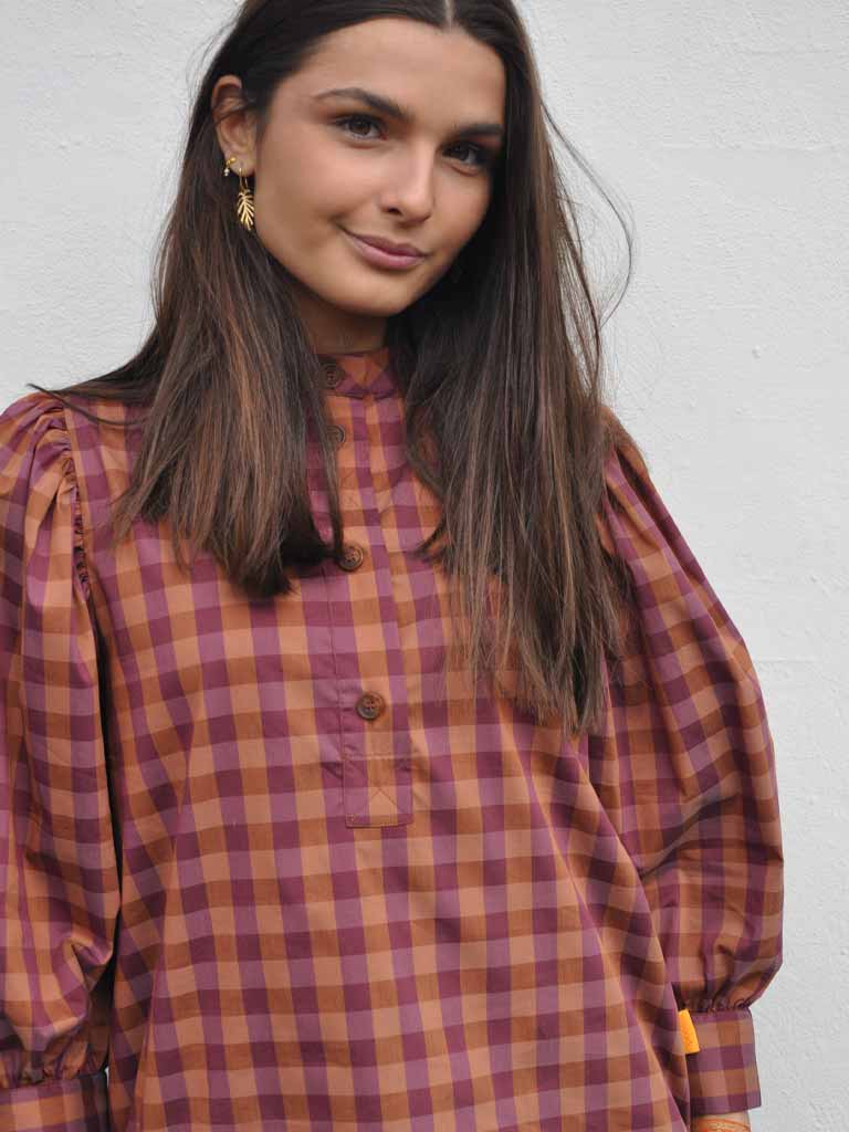 Front of Ave shirt in plum check