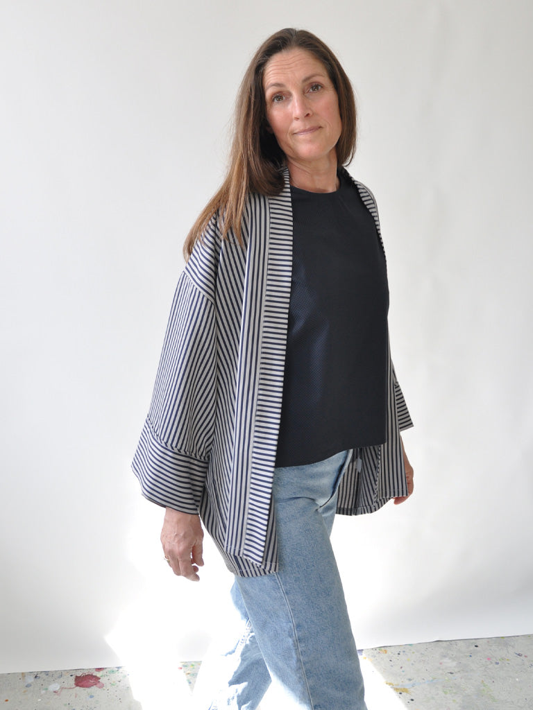 Front of Alea Kimono in Blue and Grey Stripes