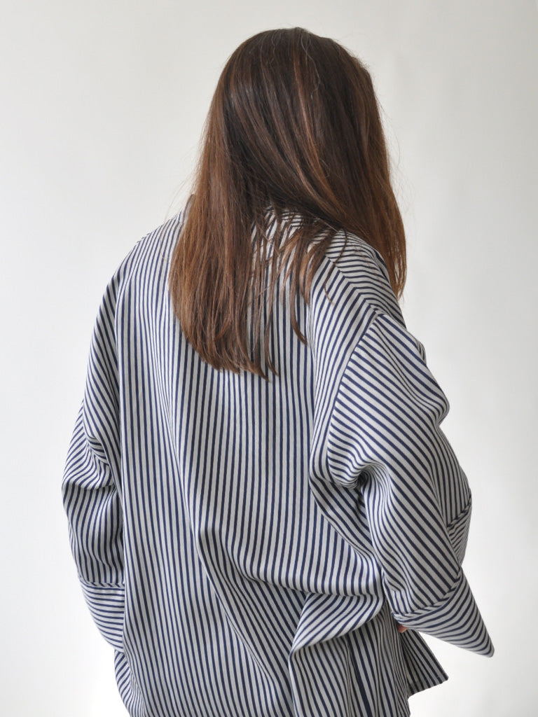 Back of Alea Kimono in Blue and Grey Stripes