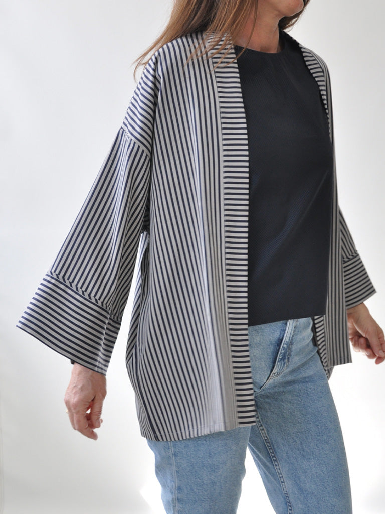 Front of Alea Kimono in Blue and Grey Stripes