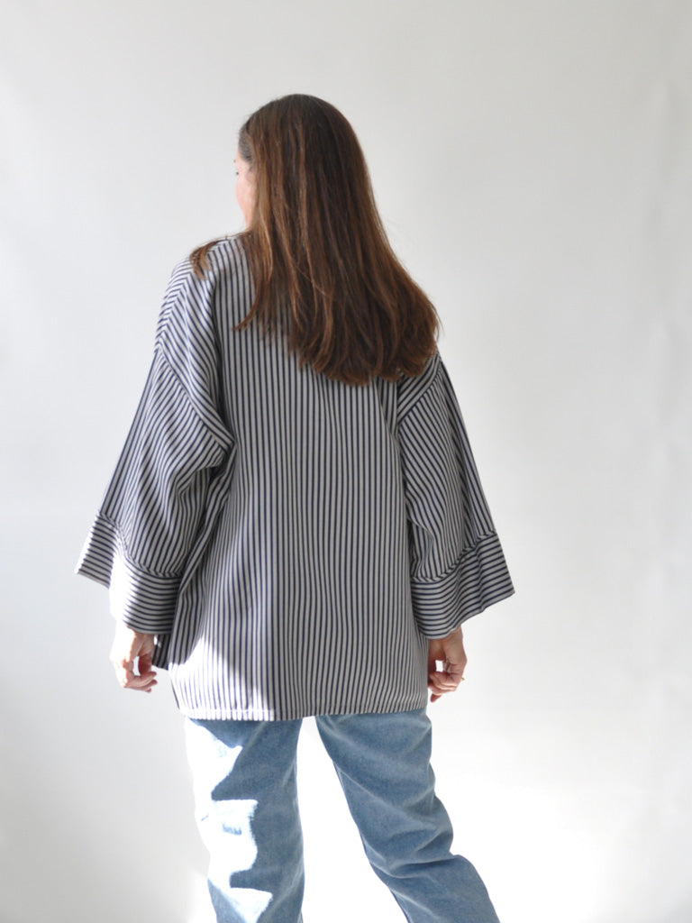 Back of Alea Kimono in Blue and Grey Stripes