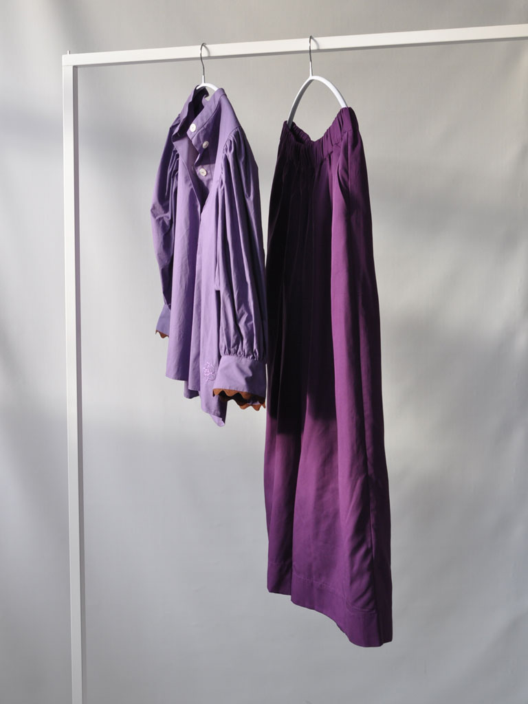 Side of Ava Shirt in Purple on a hanger with Alea Tencel Purple Pants