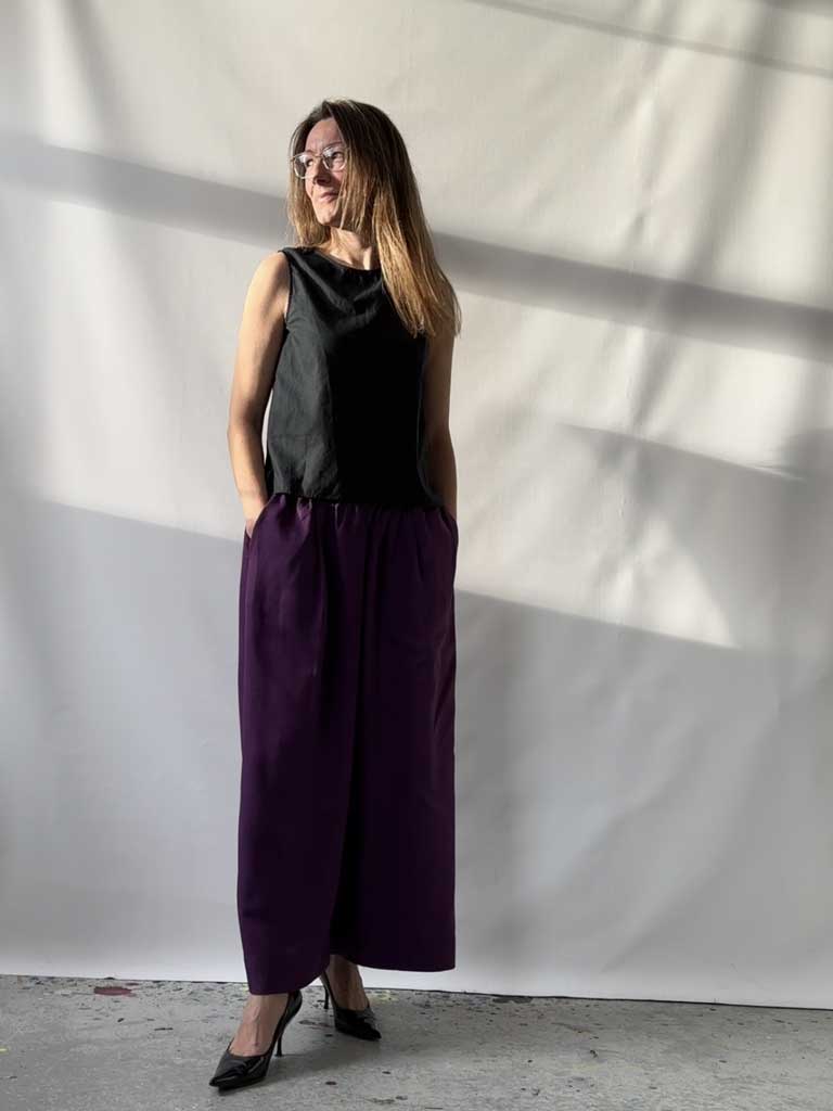 Front of Alea Pants in Purple Tencel