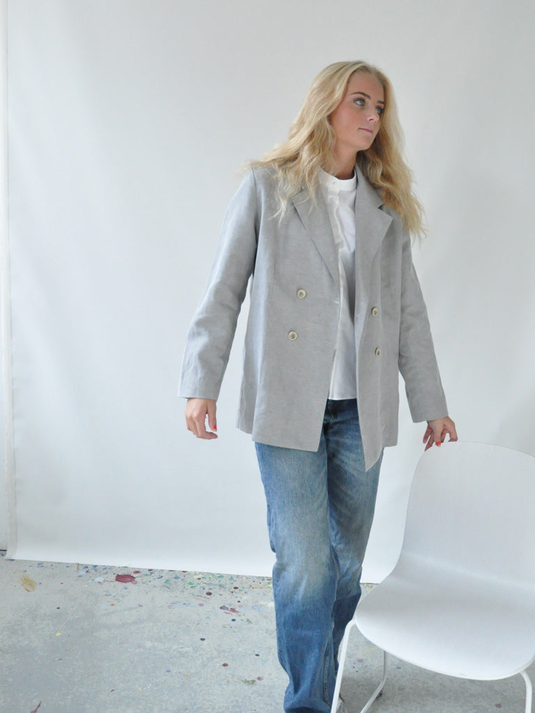 Front of Alexa Linen Blazer with Aude Shirt in White