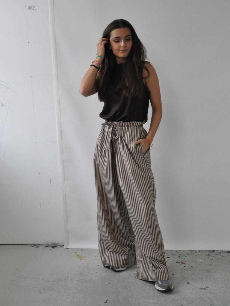 Front of Ami Pants in Beige Stripes