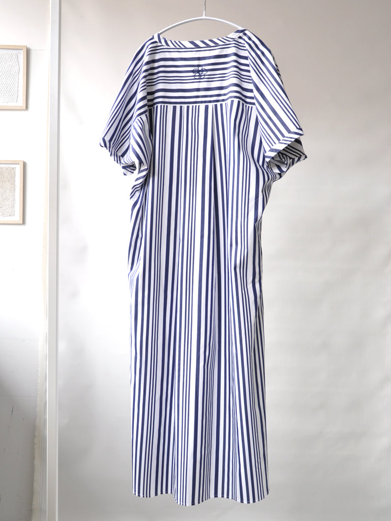 Back of Amisa kaftan dress in blue stripes