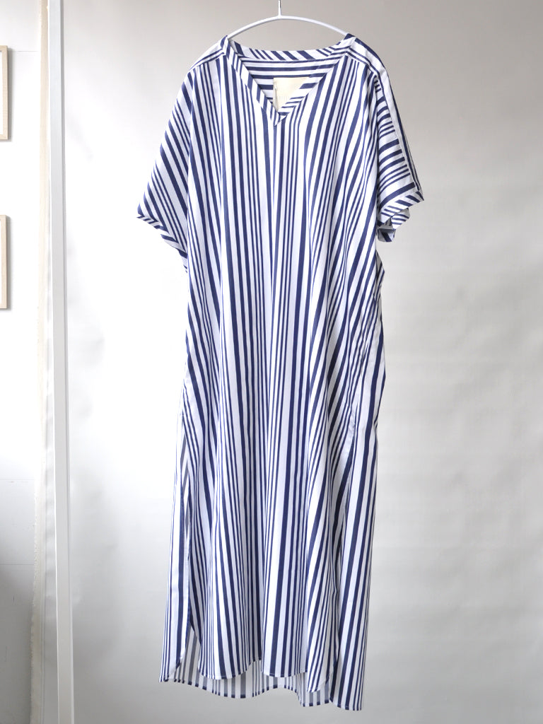 Front of Amisa kaftan dress in blue stripes