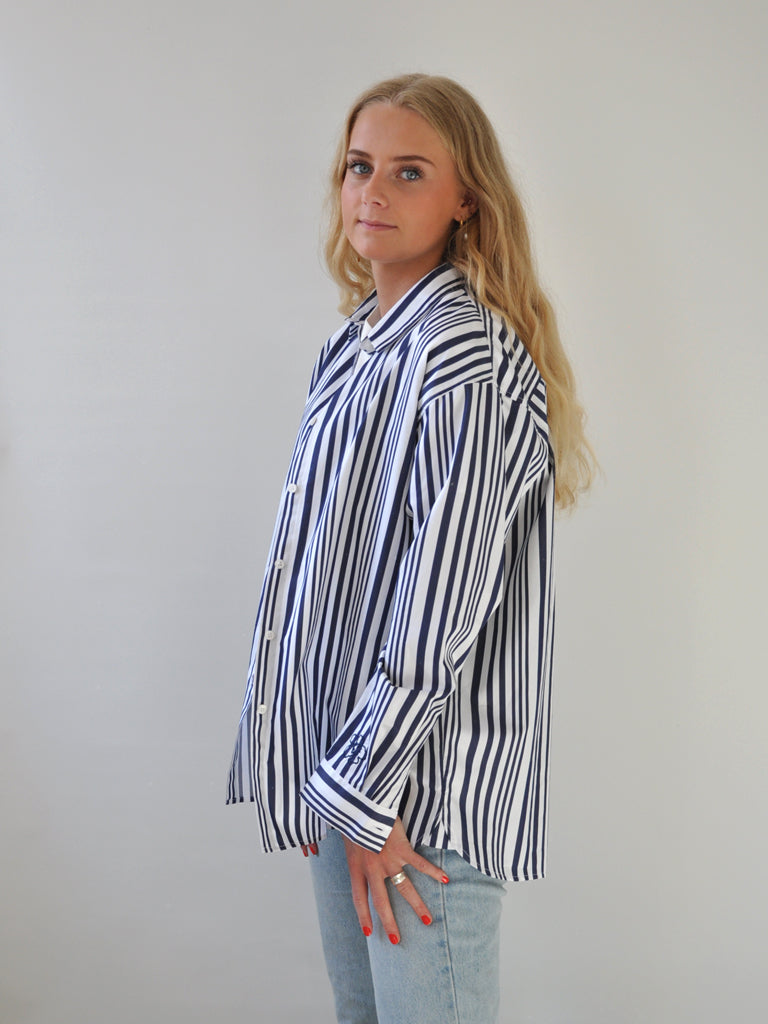 Side of Ana shirt in blue stripes