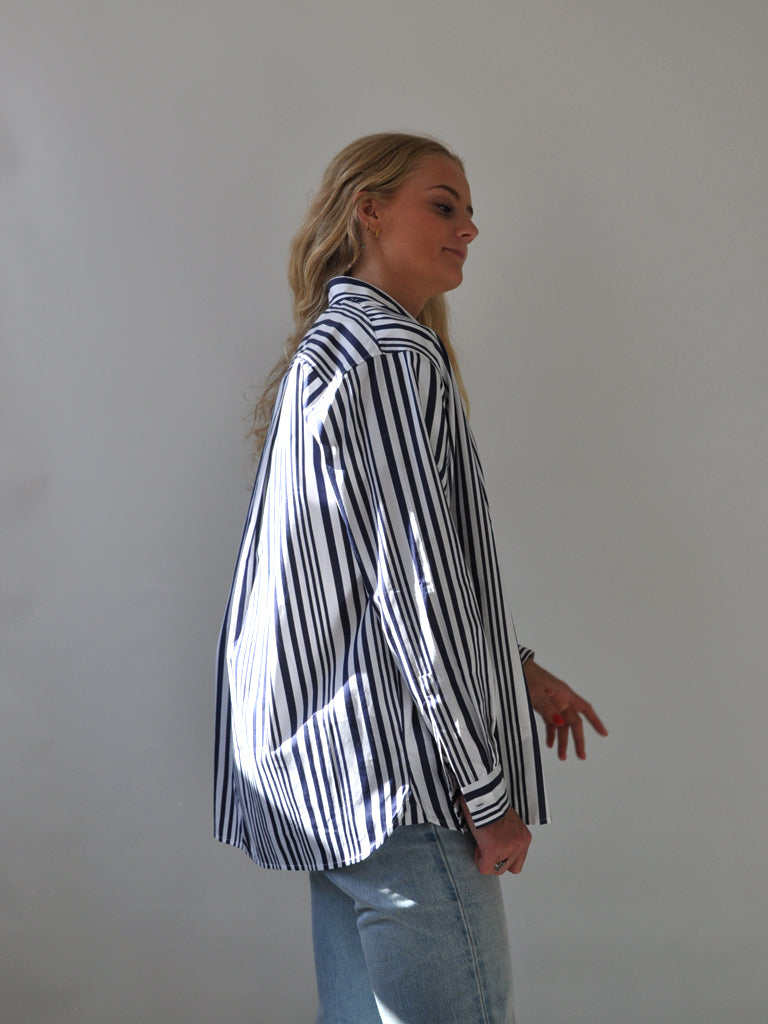 Side of Ana shirt in blue stripes