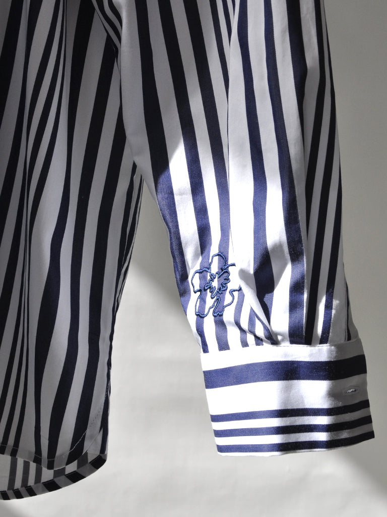 Sleeve closeup of Ana shirt in blue stripes