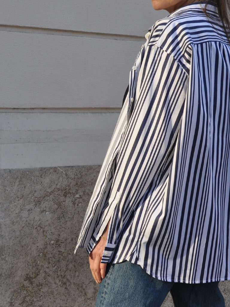 Back of Ana shirt in blue stripes