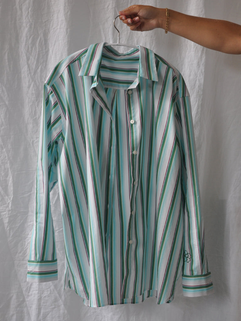 Front of Ana shirt in green stripes