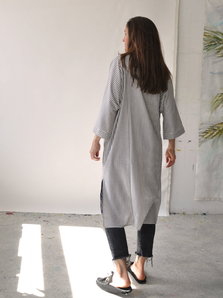 Back of Elisabeth kaftan dress in grey stripes