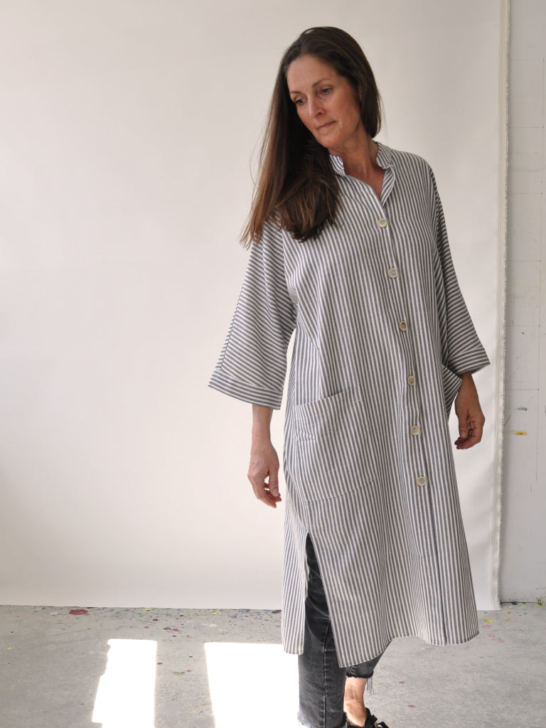Front of Elisabeth kaftan dress in grey stripes