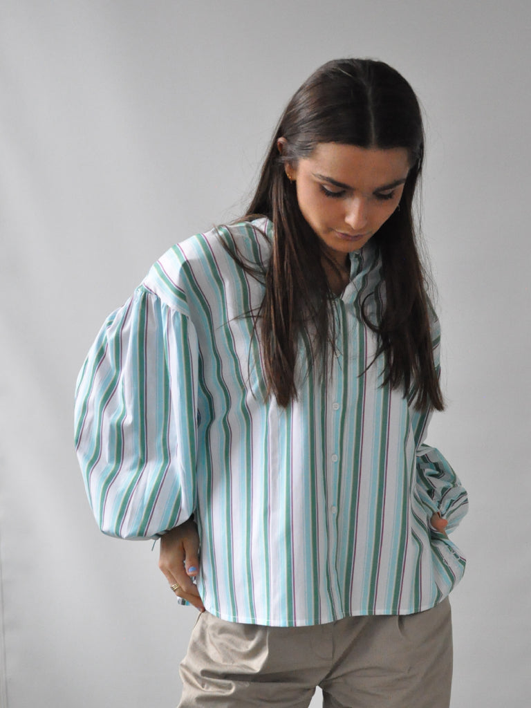 Front of Elli shirt in green stripes