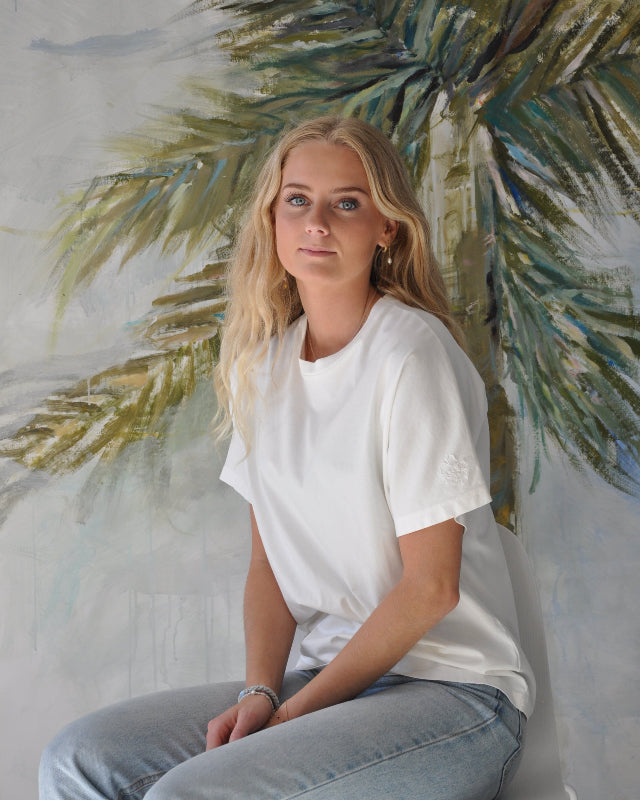 Front of Avio tee in soft white